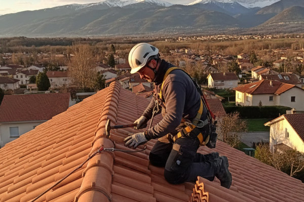 Couvreur professionnel travaillant sur un toit à Lavelanet