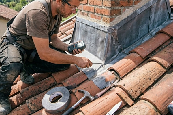 Artisan recherchant l'origine d'une infiltration sur un toit